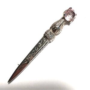 Kilt Pin Dagger Brooch Celtic Design Dirk Sgian Dubh Brooch Pink Stone Cut Glass